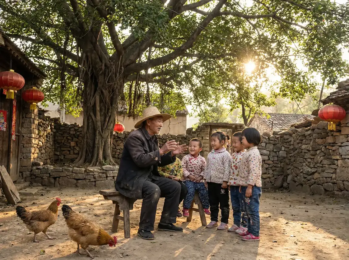 老人在大榕树下给孩子们讲故事 - 神马影院老子影视 乡村记忆